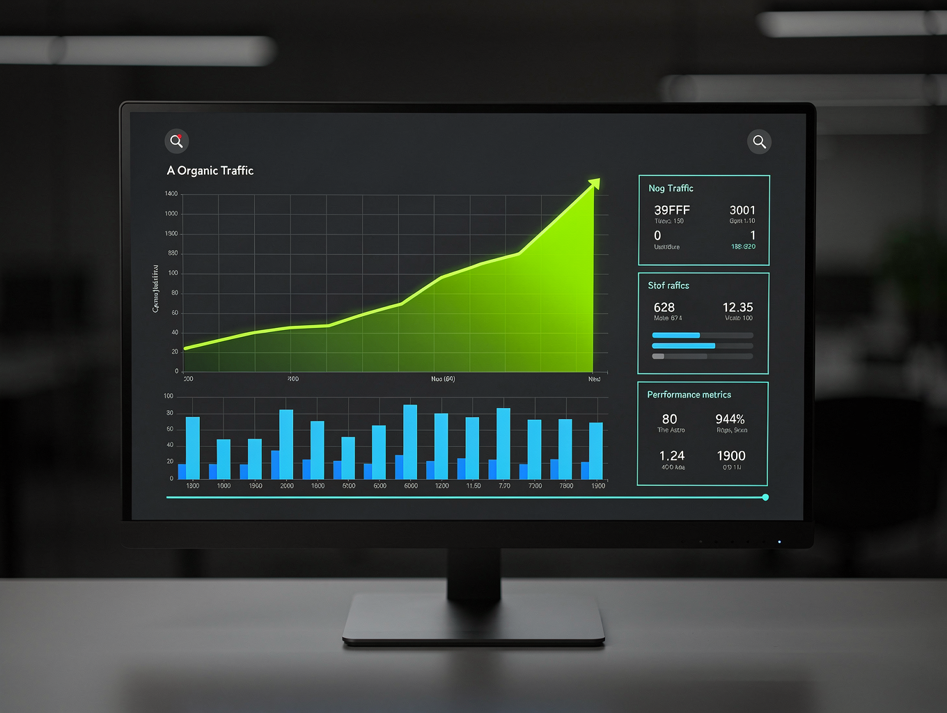 Client growth analytics dashboard showing organic search traffic and conversion metrics