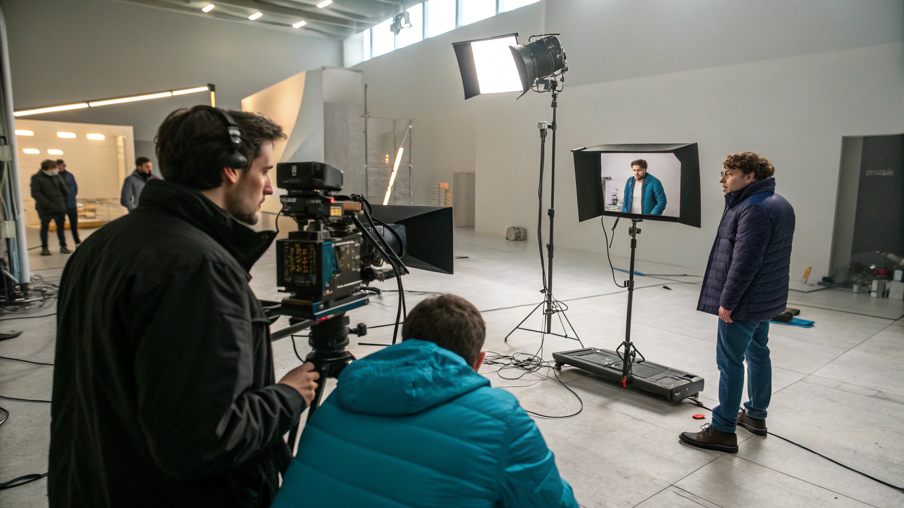 Video production and marketing team filming branded content in studio